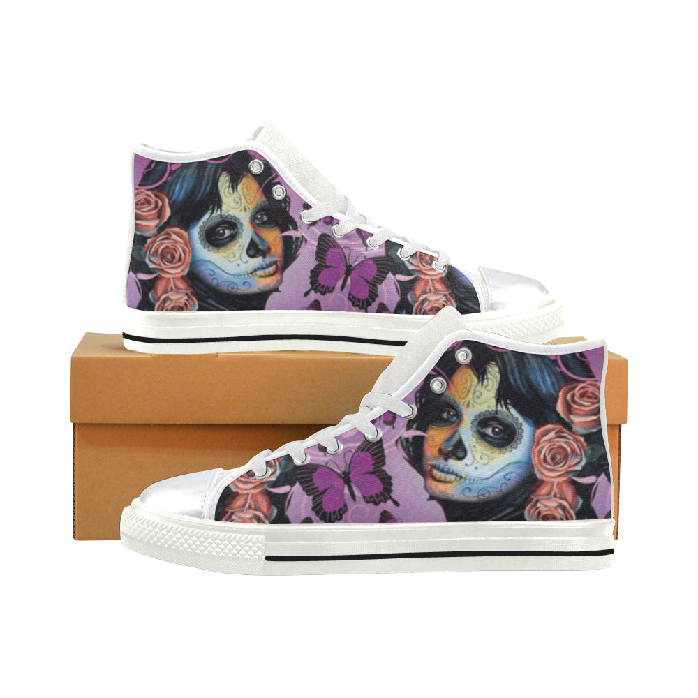 Sugar Skull Candy V1 White High Top Canvas Shoes for Kid