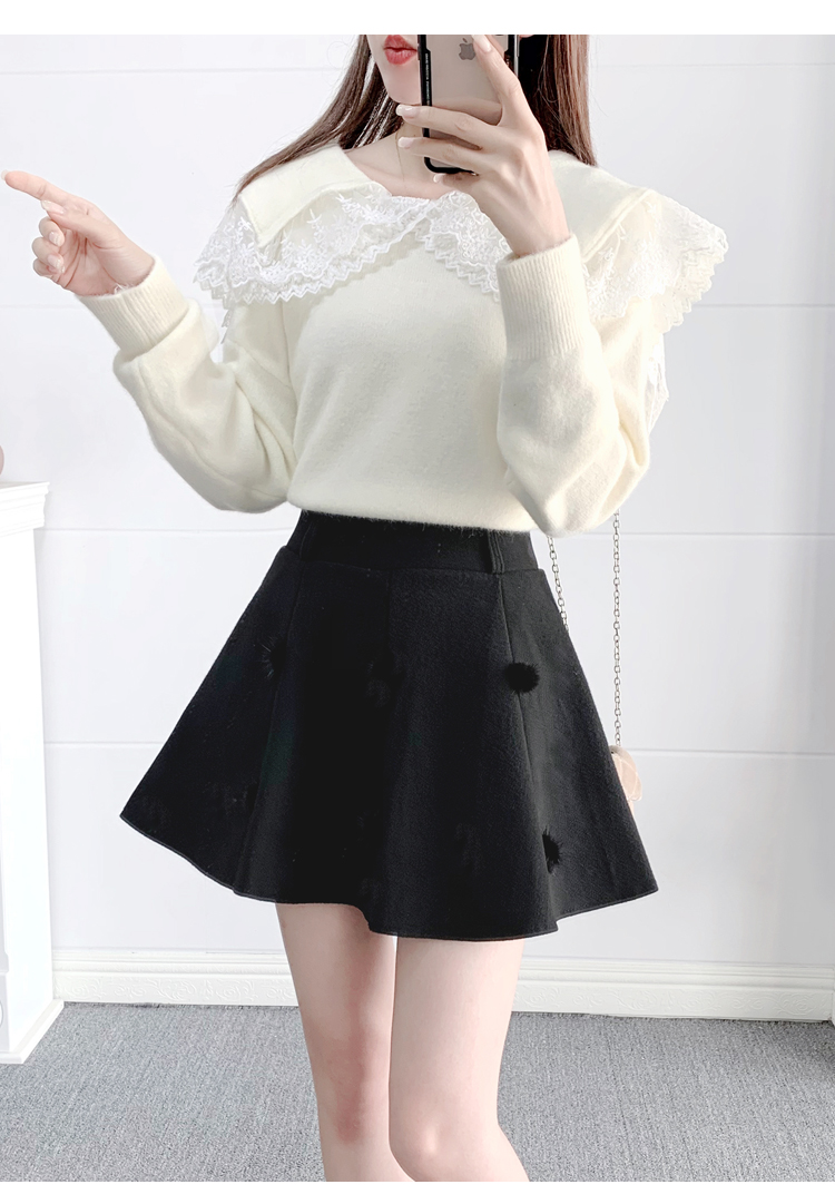 Woolen Mini Skirt Sexy Office Lady Skirt Long Sleeves Perter Pan Collar Winter Sweater Two Pieces Women’s Set alx