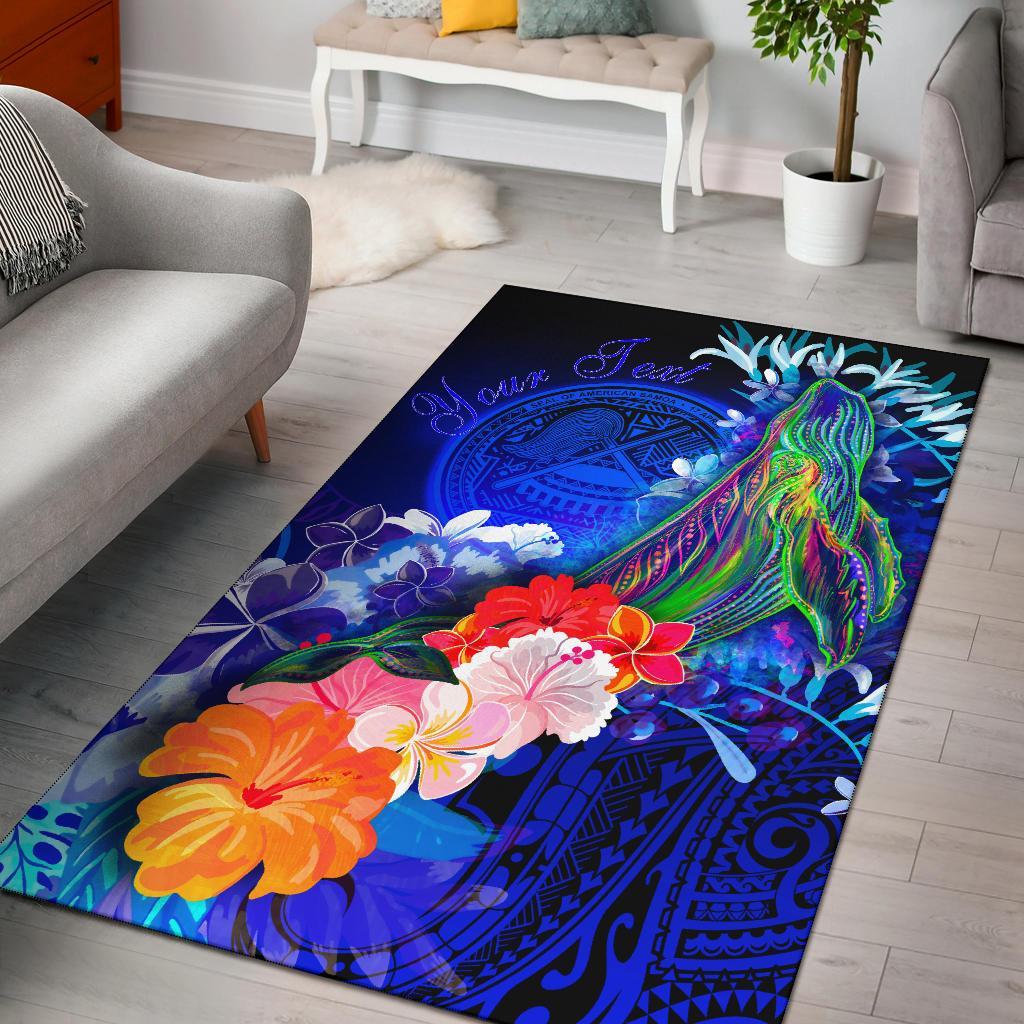 American Samoa Polynesian Custom Personalised Area Rug – Humpback Whale With Tropical Flowers (Blue)