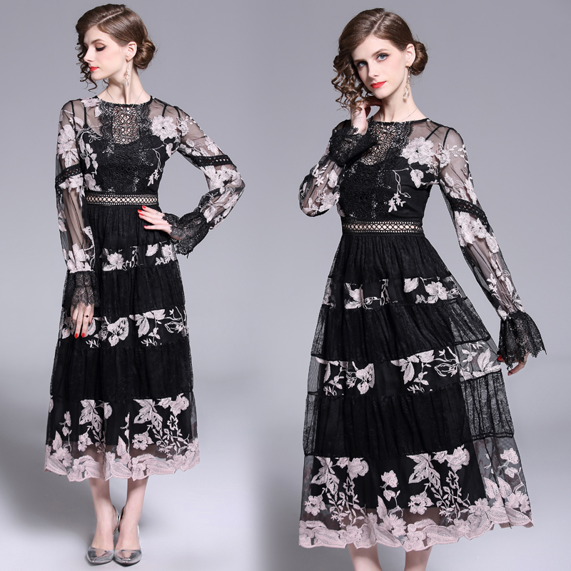 Banulin Fashion Runway Dress Spring Autumn Women’s Dress O-Neck Flare Sleeve Flowers Embroidery Elegant Lace Long Dresses alx