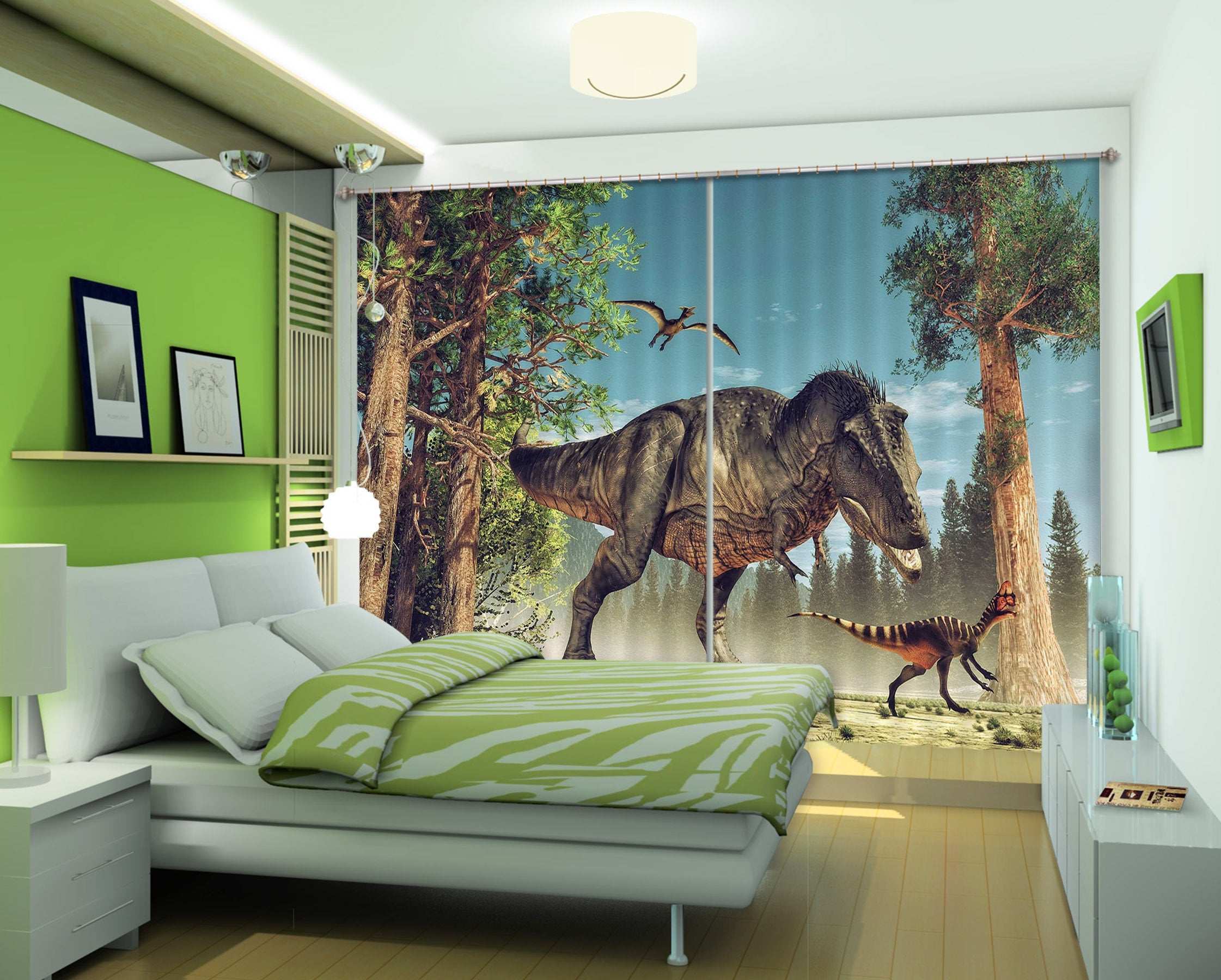 3D Dinosaur With Trees C035 Blockout Photo Curtain Print Curtains Drapes Fabric Window | 3D Large Photo Curtain, Jess Art Decoration Wallpaper