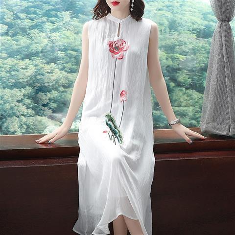 2020 New Embroidered Cheongsam Sleeveless Vest Chiffon Dress Woman Dress Vestido De Mujer Femme Robe alx