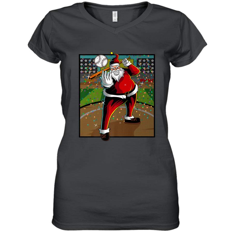 Baseball Santa Ugly Christmas Sports Graphic Print Design Women’s V-Neck T-Shirt