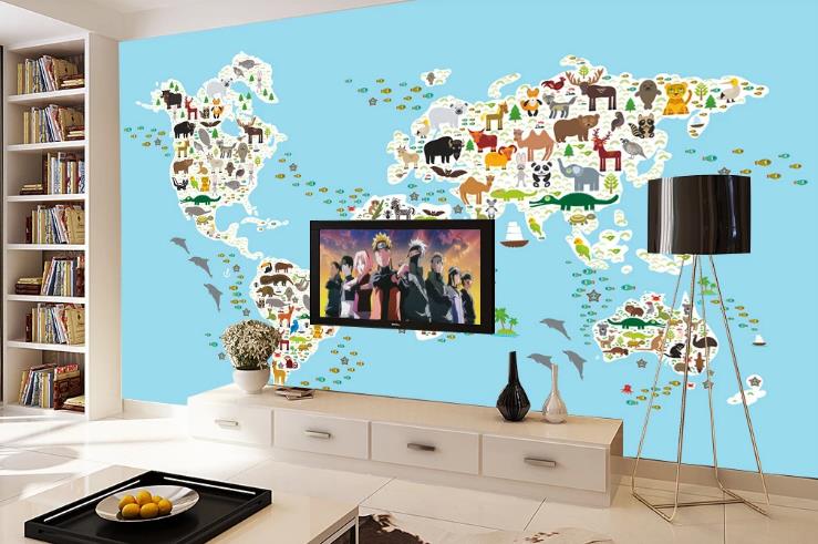 3D Blue Animal World Map Wall Mural Wallpaper Lqh 389