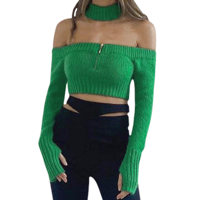 Women Sexy Crop Tops Sweater Fall Winter Short Knitwear Solid Color Long Sleeve Off Shoulder Sweater with Collar Club Streetwear alx