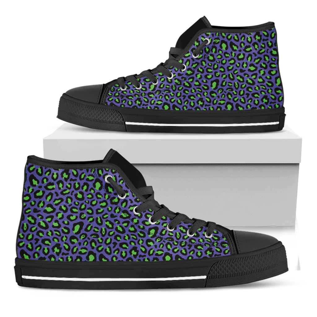 Purple And Green Leopard Pattern Print Black High Top Shoes