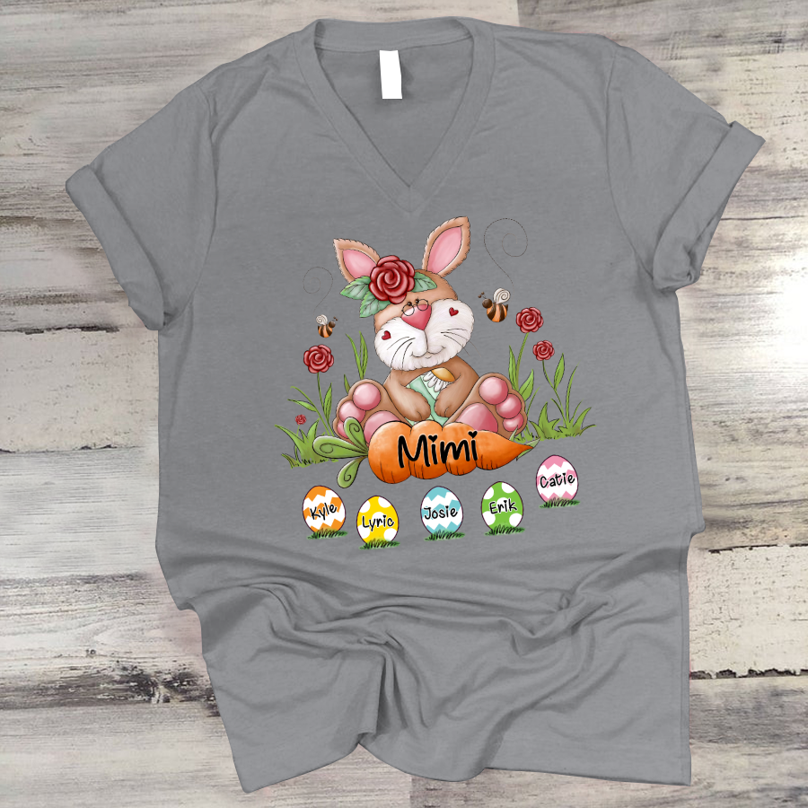 Personalized Bunny Grandma Rabbit Cute With Grankids Egg Easter Day V-Neck