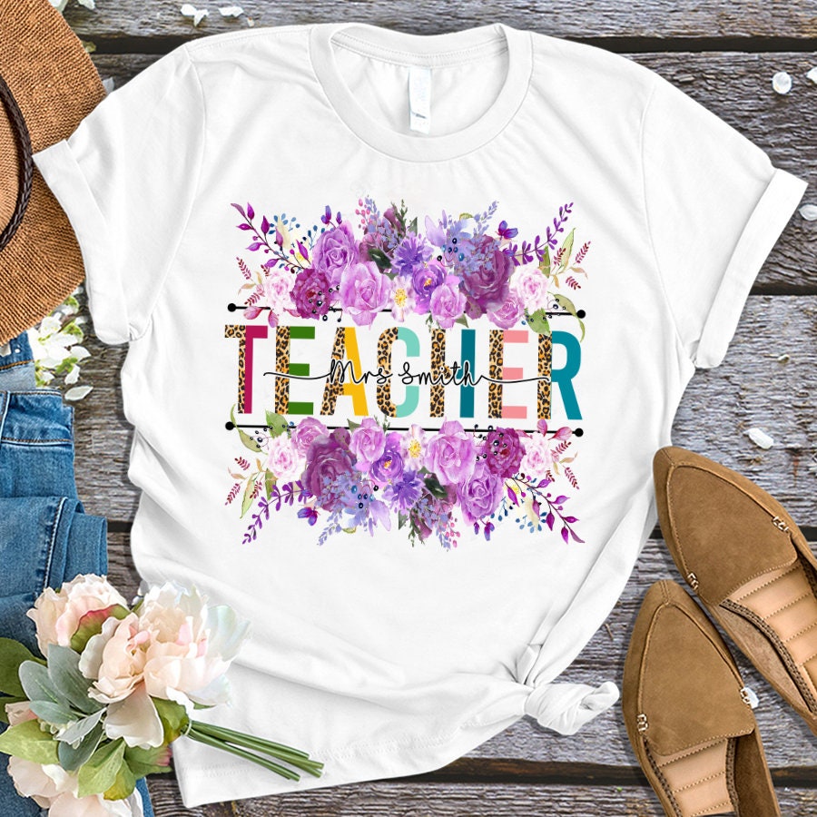 Personalized T-Shirt For Teacher Purple Flower Leopard Monogram Design Custom Name Shirt Gifts For Back To School