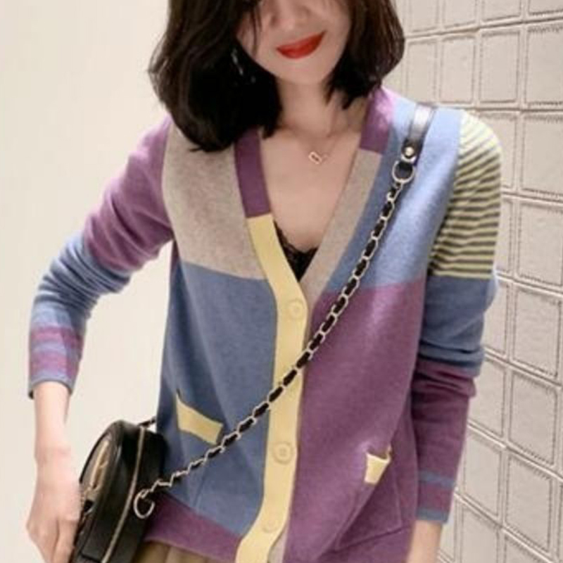 Autumn Winter Korean Style Patchwork V-neck Sweater Top Women Loose Casual All-match Knitting Coat Ladies Elegant Sweet Cardigan alx