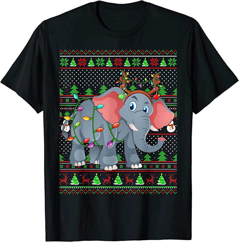 Ugly Xmas Sweater Style Lighting Elephant Christmas T-Shirt