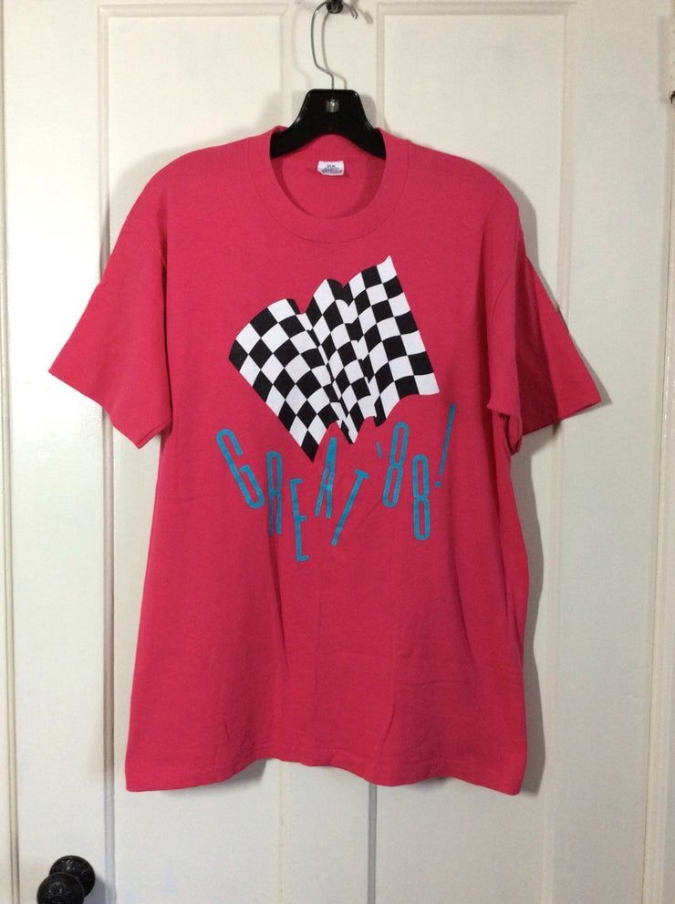 1980 S Hot Pink Great 88 Checkerboard Auto Racing Flag Shirt