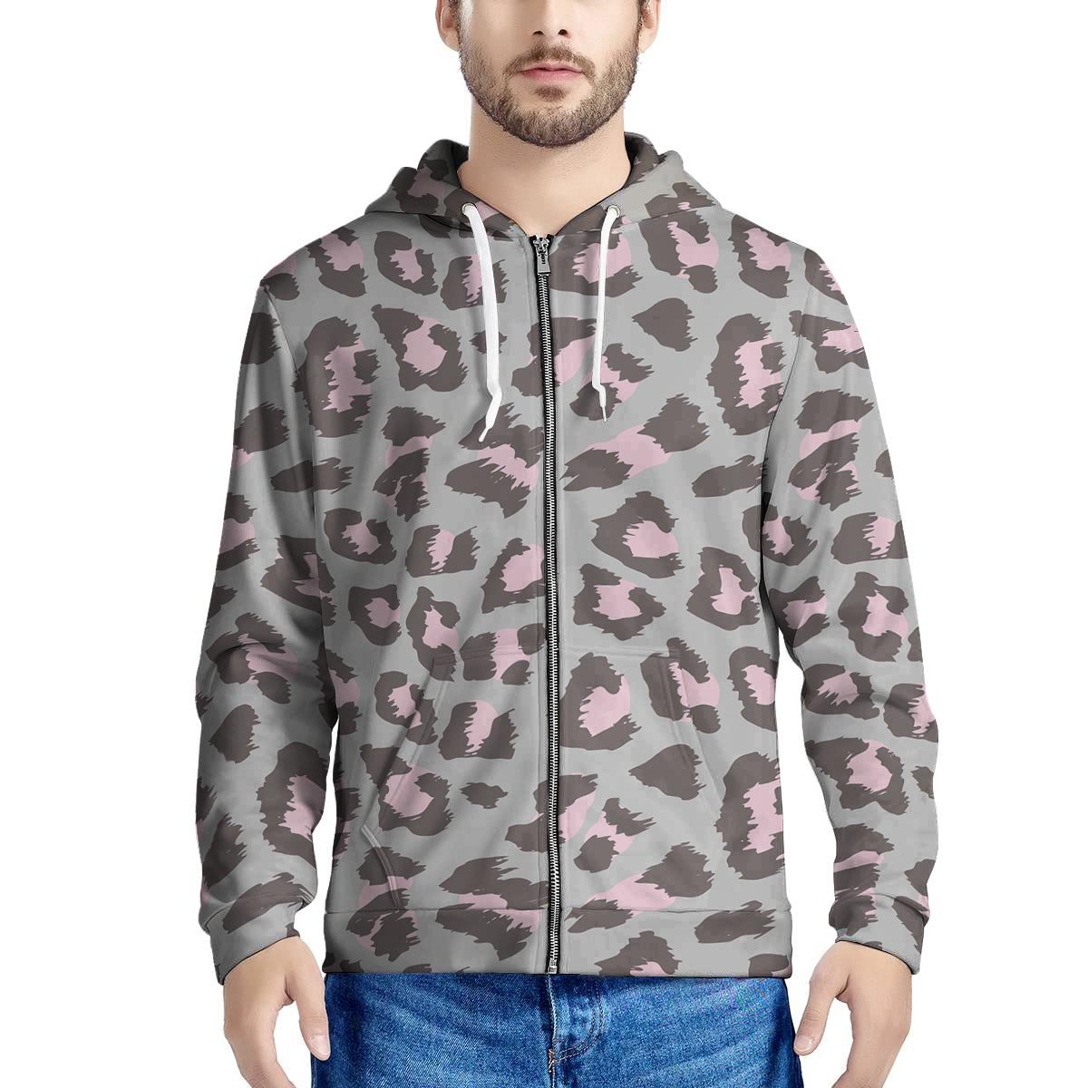 Grey And Pink Leopard Men’S Zip Up Hoodie