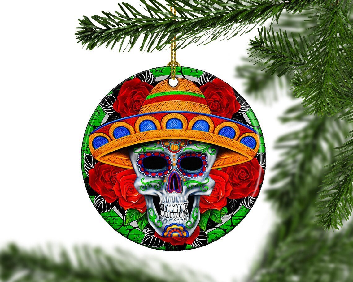 Sugar Skull Porcelain Christmas Tree Keepsake Ornaments Day Of The Dead Mexican Ornament