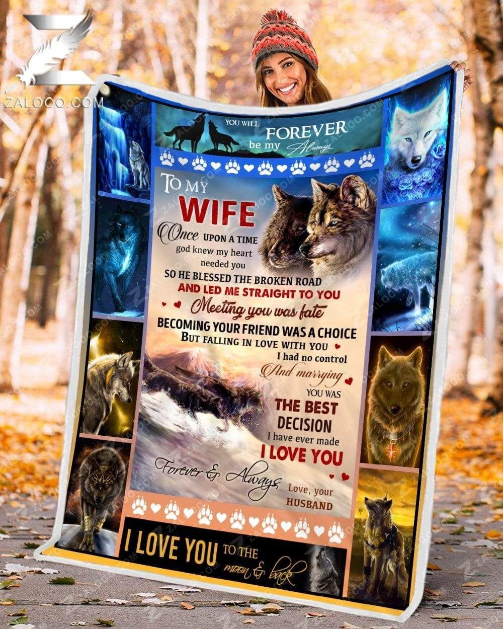 – Custom Fleece Blanket – Wolf – To My Wife – God Knew My Heart Needed You