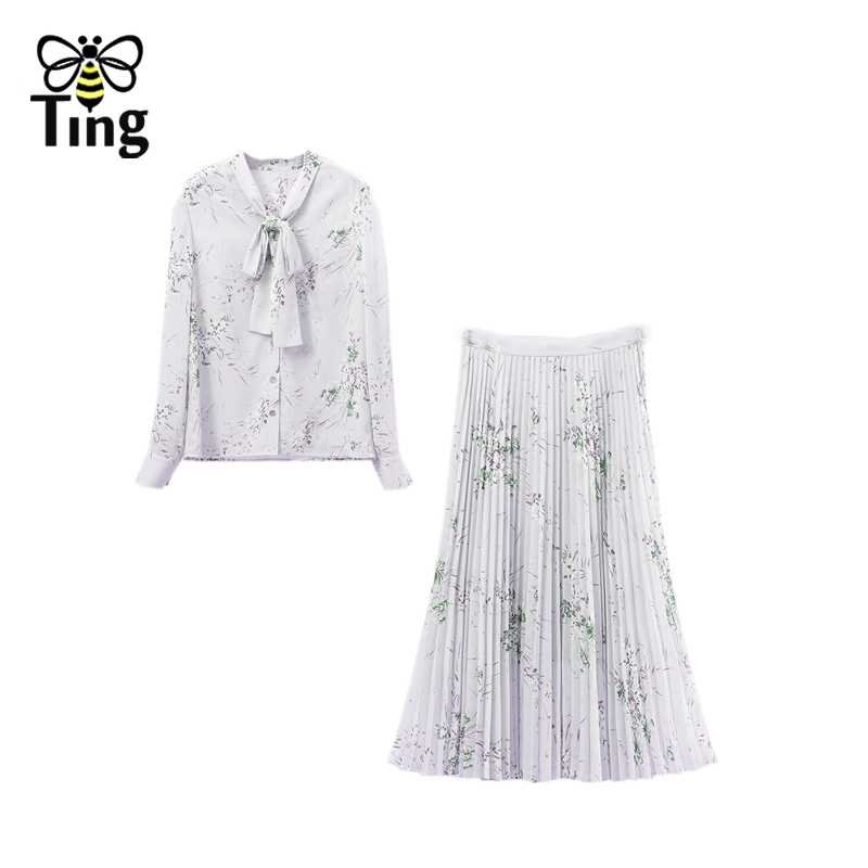 Tingfly Women 2023 Spring Summer New Floral Chiffon Blouse & Pleated Midi Skirts Fashion 2 Pieces Dress Set Elegant Outfits Traf alx