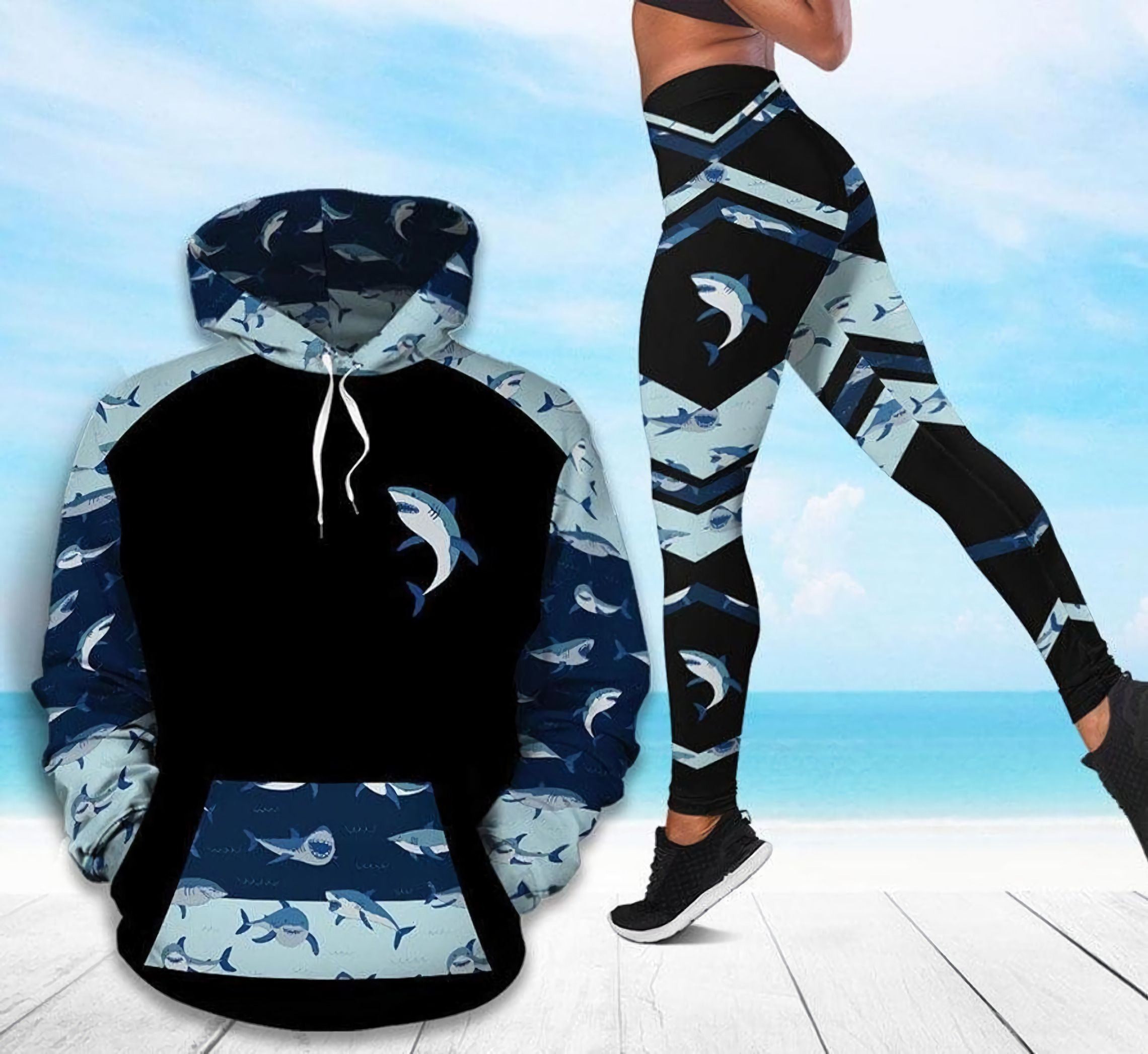 Shark Pattern 3D Printed Sublimation Leggings Hoodie Set Hooded Sweatshirt Comfy Yoga Pants Tummy Control DPC140102