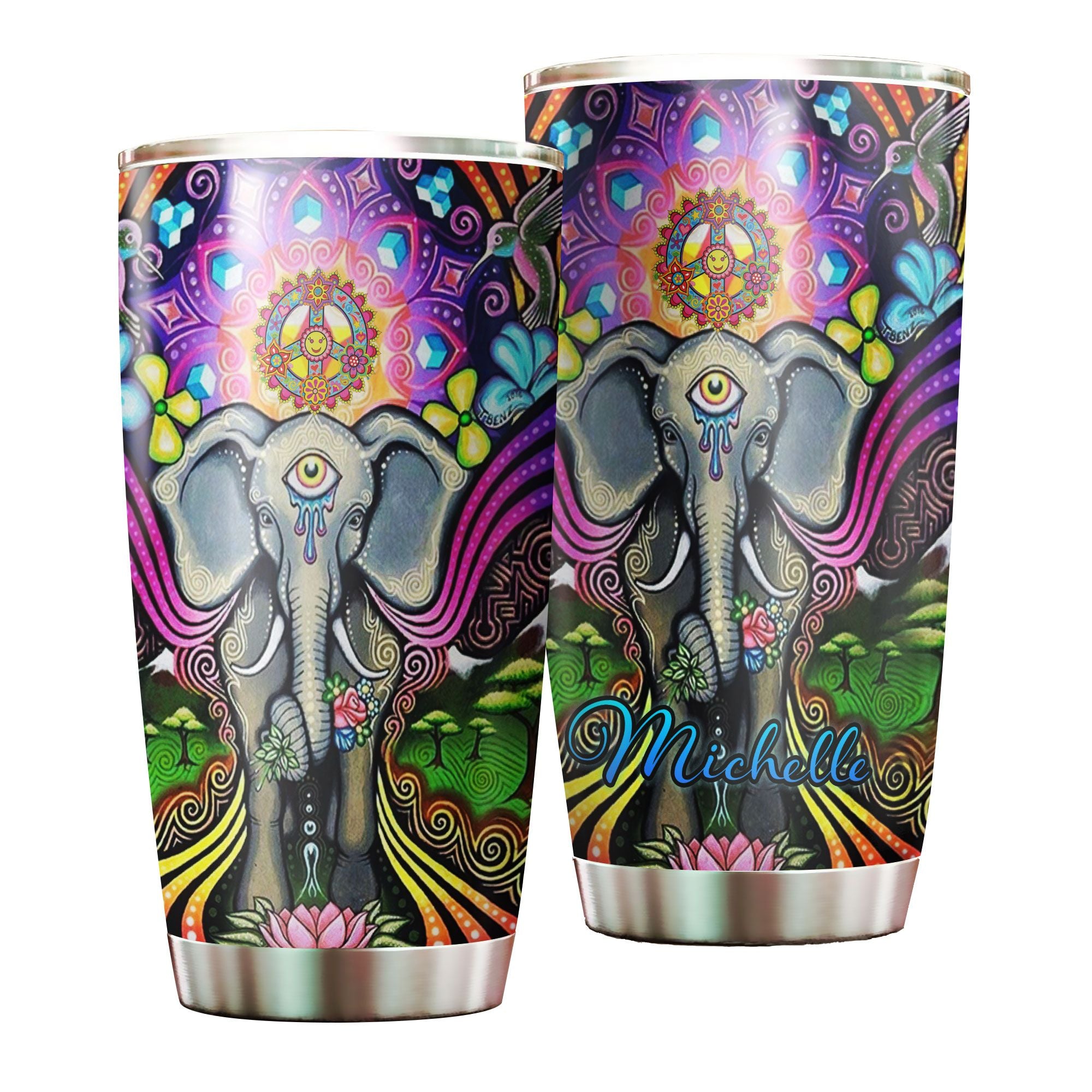 Personalized Henna Elephant Hippie Peace Lover Stainless Steel Tumbler – Double-Walled Insulation Travel Thermal Cup With Lid Gift For Hipster