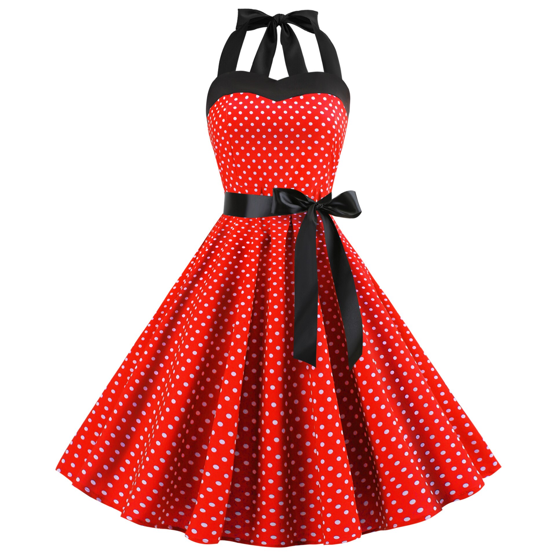 Solid Vintage Dress Women 2022 Summer Sexy Polka Dot Print Halter Party Dresses Robe Pin Up Rockabilly Dress Vestidos alx