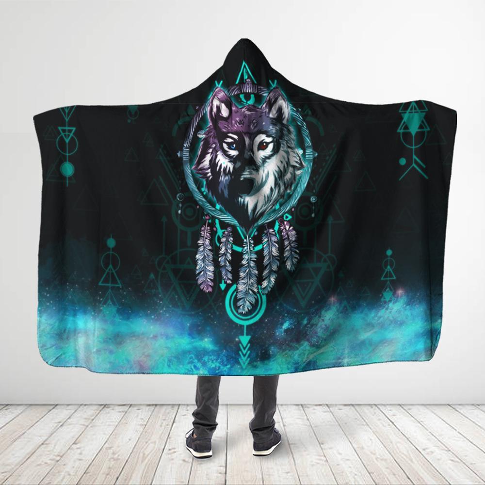 ViticStore™ All Over Printed Youth Turquoise Wolf Dreamcatcher Hooded Blanket