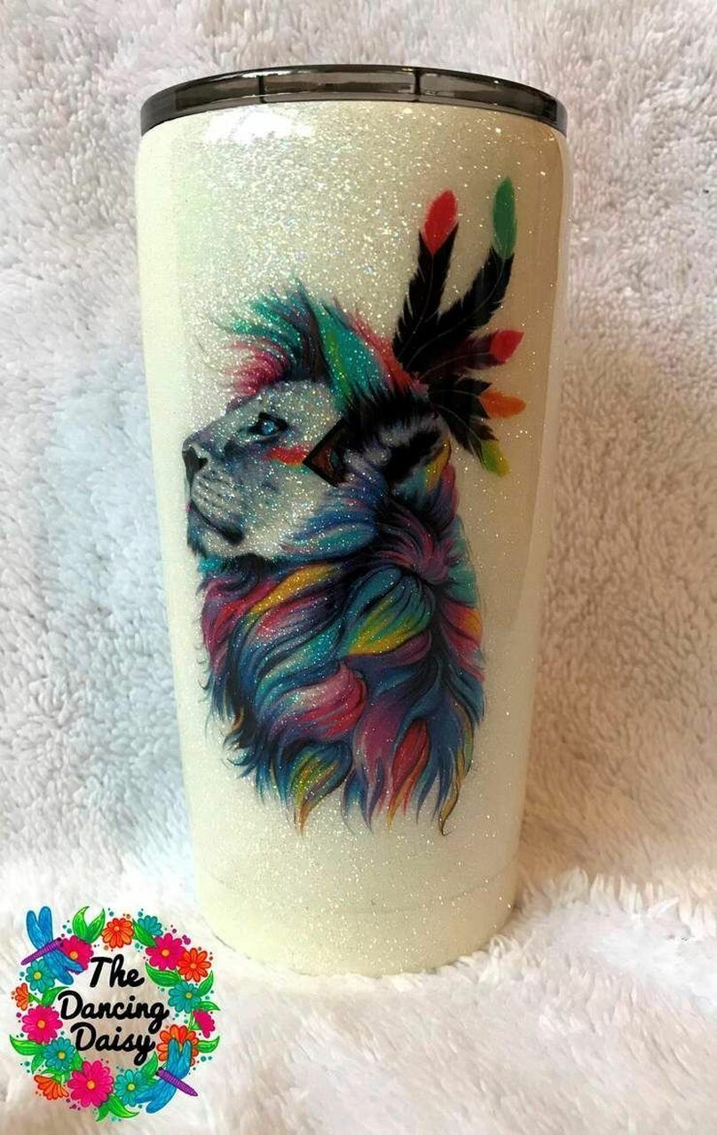 White Glitter Rainbow Lion Personalized Stainless Steel Tumbler Customize Name, Text, Number