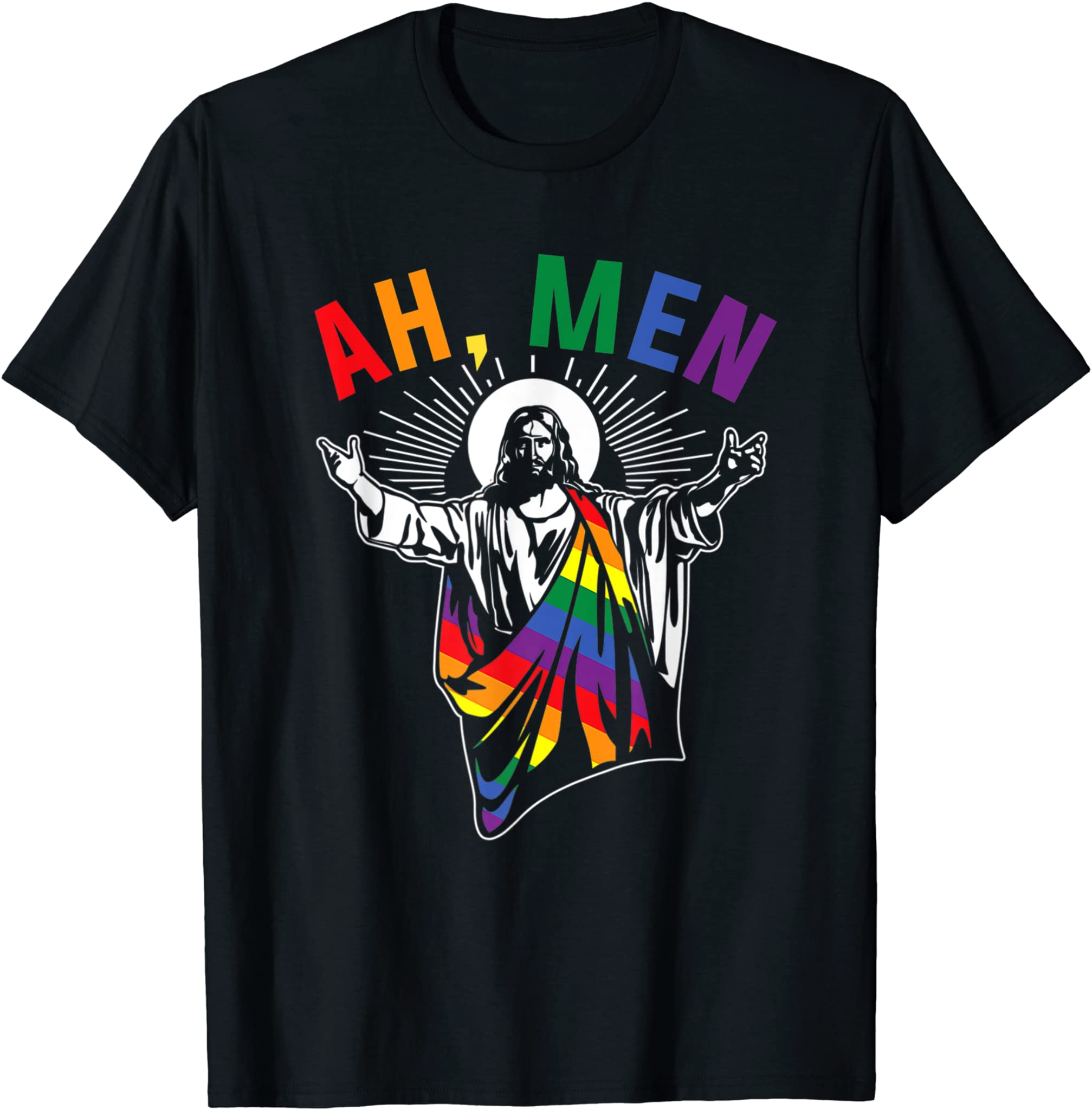 Ah Men Funny Lgbt Gay Pride Jesus Rainbow Flag Christian T-Shirt