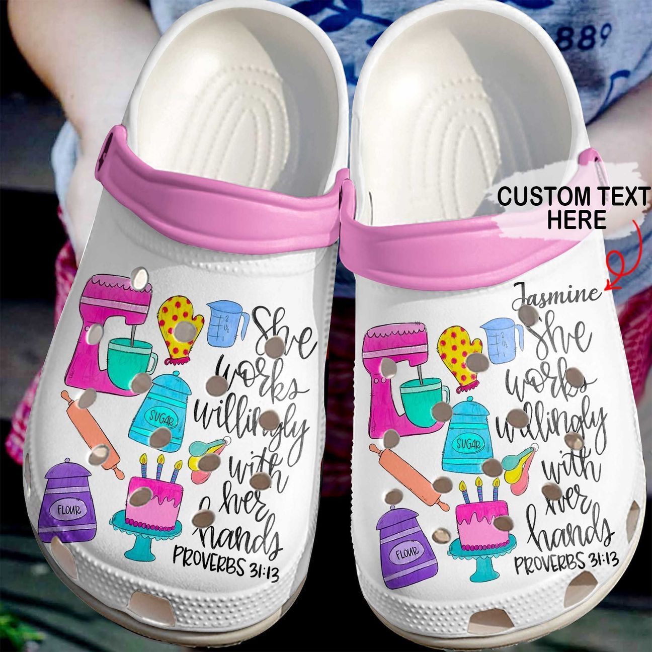 Baking Personalized Clog, Custom Name, Text She Works Willingly, Fashion Style For Women, Men, Kid, Print 3D