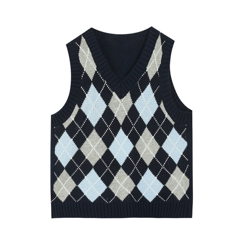 Sweater Vests Women Argyle Femme Spring Chic Stylish Aesthetic Basic V-neck Sleeveless Knitted Preppy Style Causal Slim Clothing alx