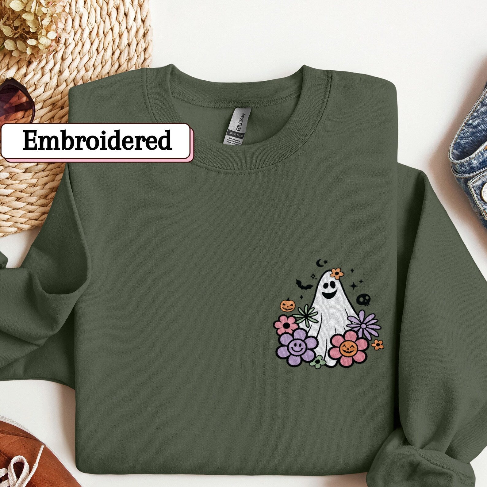 Retro Ghost Embroidered Sweatshirt 2D Crewneck Sweatshirt All Over Print Sweatshirt For Women Sweatshirt For Men Sws4059