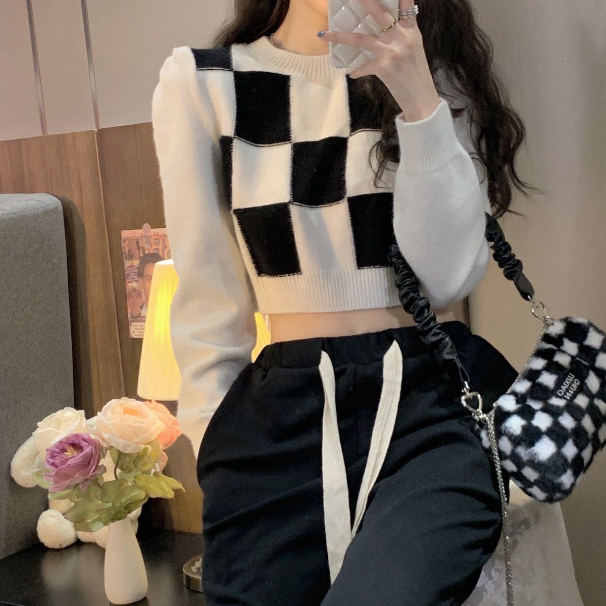 Cropped Pullovers Women Checkerboard Plaid Fashion Vintage Loose Long Sleeve Sweaters Students Streetwear Knitted Jumpers Korean alx