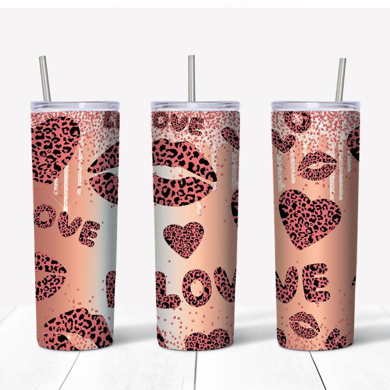 20oz Skinny Tumbler, Valentine’s Day Tumbler, Leopard Print Heart And Lips Tumbler, Gift For Valentine’s Day, 20oz Stainless Steel Tumbler