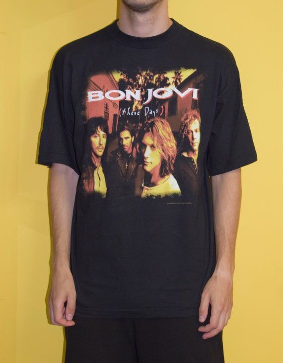 90S Vintage Bon Jovi Shirt 100 Cotton Black Hard Rock Def Leppard Aerosmith Poison Whitesnake Europe Bryan Adams Warrant Shirt