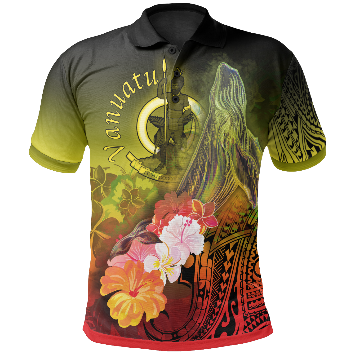 Vanuatu Polo Shirt – Humpback Whale With Tropical Flowers (Yellow)