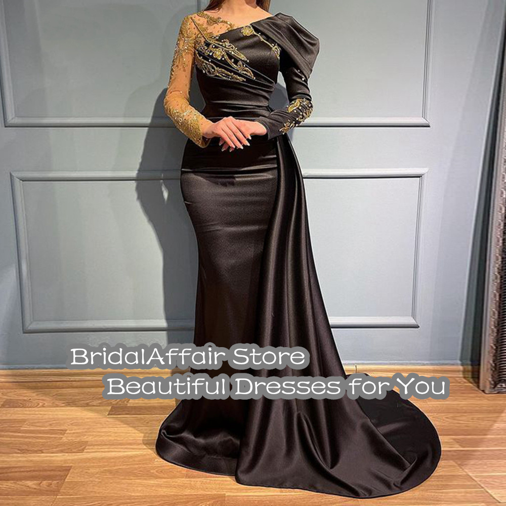 BridalAffair Black Shiny Sequins Dubai Prom Dresses Long Mermaid Sparkly Beaded Evening Gowns Party Dresses Gowns Women alx