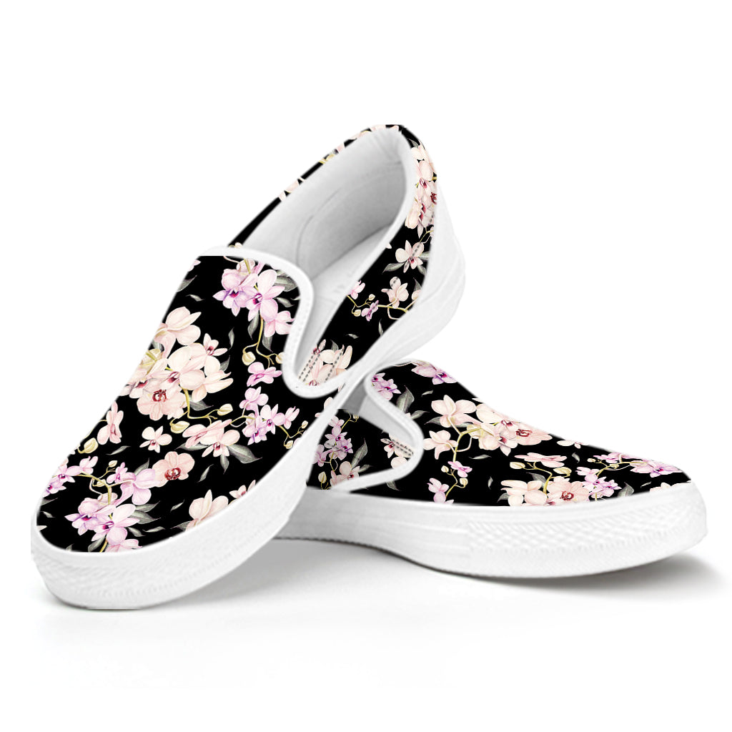 Watercolor Orchid Flower Pattern Print White Slip On Shoes