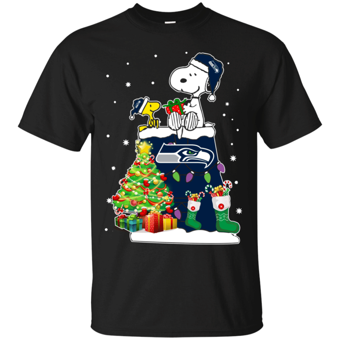 Comfythreads Buy Seattle Seahawks Snoopy & Woodstock Christmas Shirt Cotton Shirt