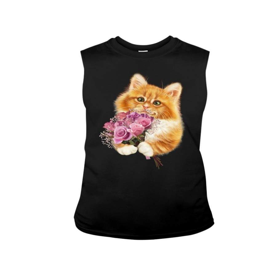 Cute Kitten With Roses T-Shirt Unisex Long Sleeve