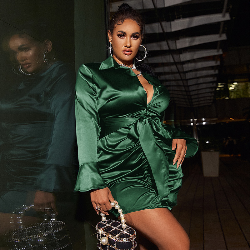 Bodycon Sexy Party Silk Satin Dress for Women Plus Size Flared Long Sleeves Skinny Lace Up Cocktail Evebing Dress 2022 Autumn alx