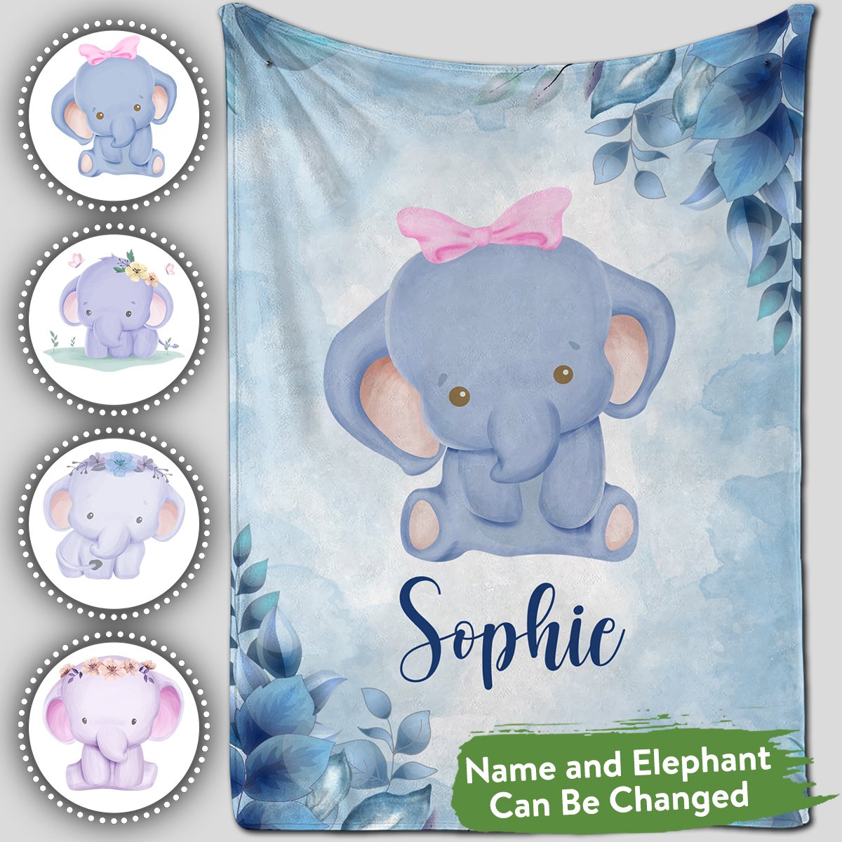 Personalized Baby Blankets With Name, Elephant Baby Blanket Blue Color For Boy And Girl Baby