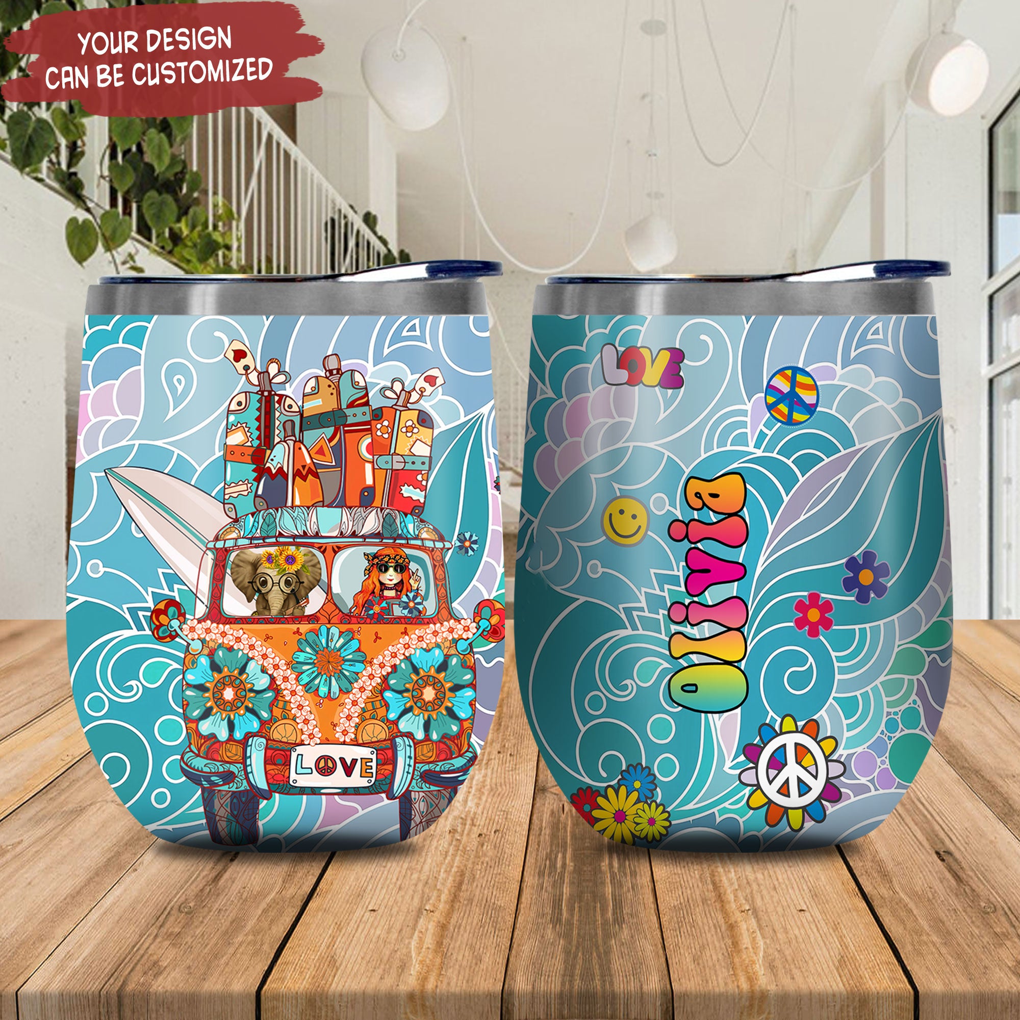 Personalized Elephant Hippie Van With Surfboards Kd2 Hal2511002 Stainless Steel Wine Tumbler – Personalized Wine Tumbler