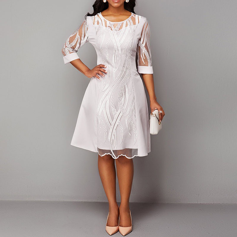 Women’s 2021 Elegant 3/4 Sleeve Mesh Embroidered Round Neck Bridesmaid Waist A-Line White Party Knee Length Dresses alx