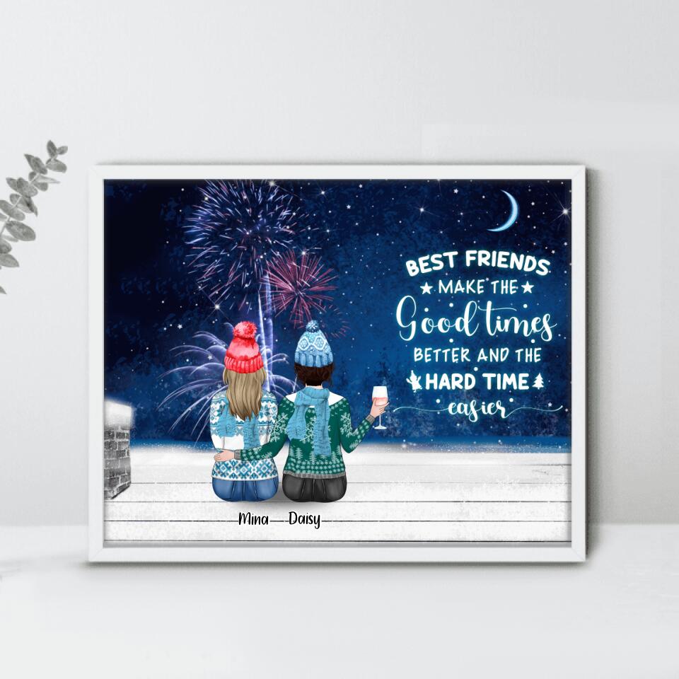 Custom Personalized Christmas Besties With Wine By Window Poster – Upto 4 Girls – Christmas Gift For Best Friends – Best Friends Make The Good Times Better And The Hard Time Easier