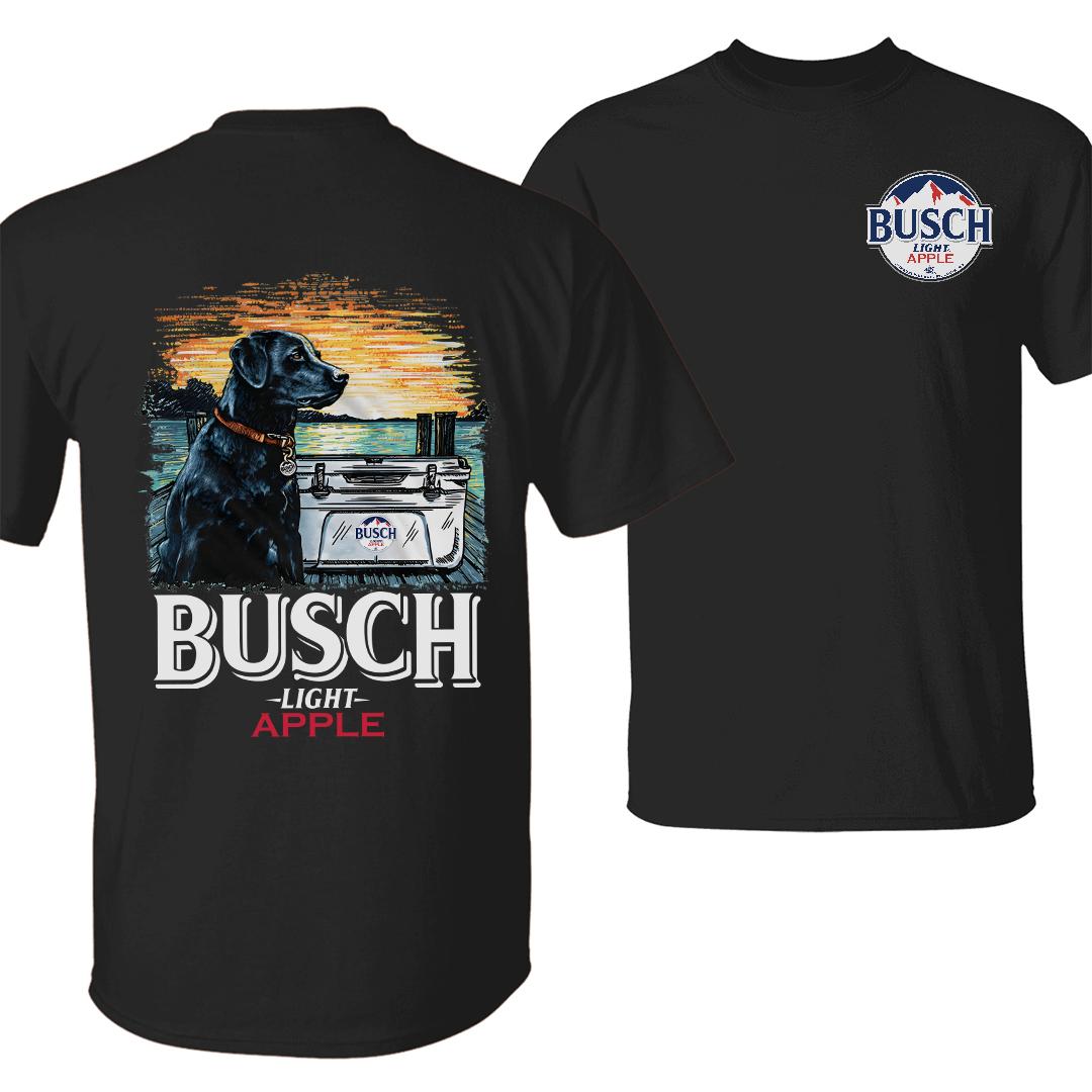 Busch Light Apple Sunset & Dog T-Shirt Cotton Tee with Small Chest Logo, Large Scenic Sunset and Black Labrador with Busch Cooler Graphic on Back, Stylish and Comfortable Unisex Apparel for Outdoor and Beer Enthusiasts, Gift for Men and Women