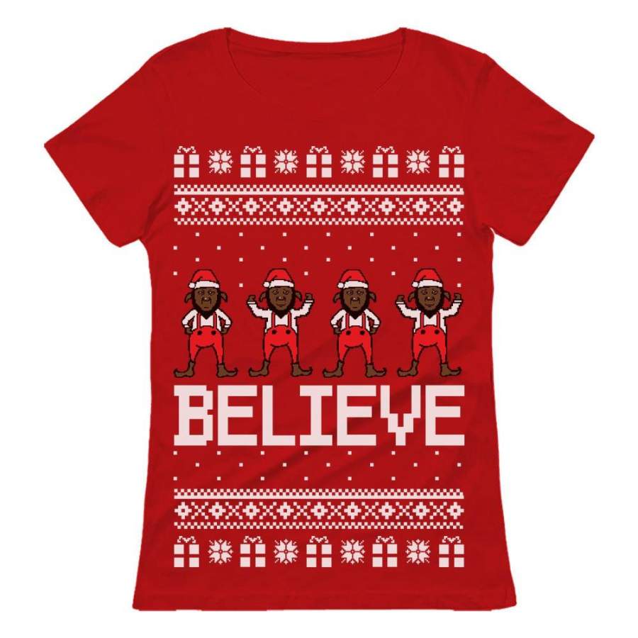 Believe Black Santa Elves Ugly Christmas Sweater Women T-Shirt