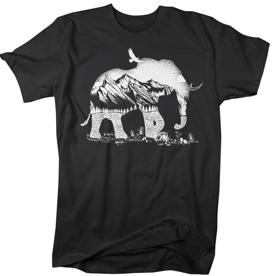 Men’s Hipster T Shirt Elephant Shirts Camping TShirt Double Exposure Mountains Nature Shirts