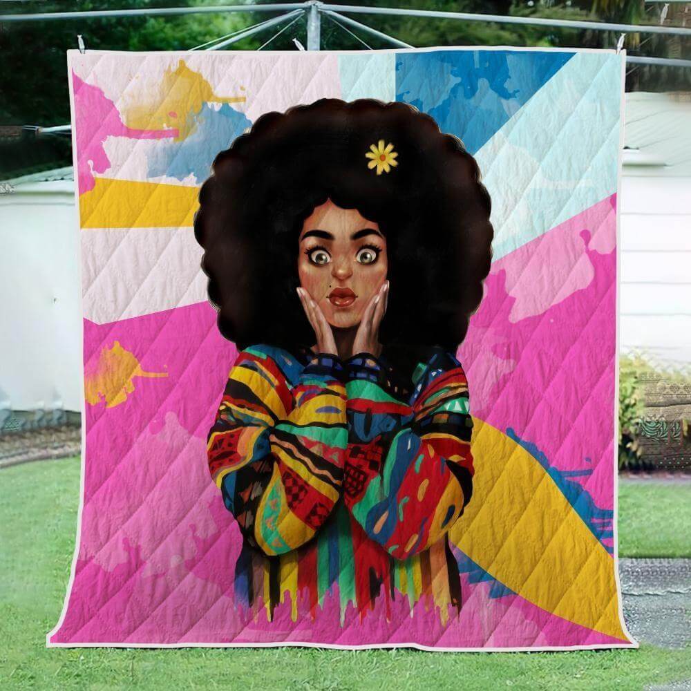 African Quilts Vintage Coloful Melanin Poppin Cute Girl Quilt Beautiful Lady With Afro Afrocentric Themed Gift Idea