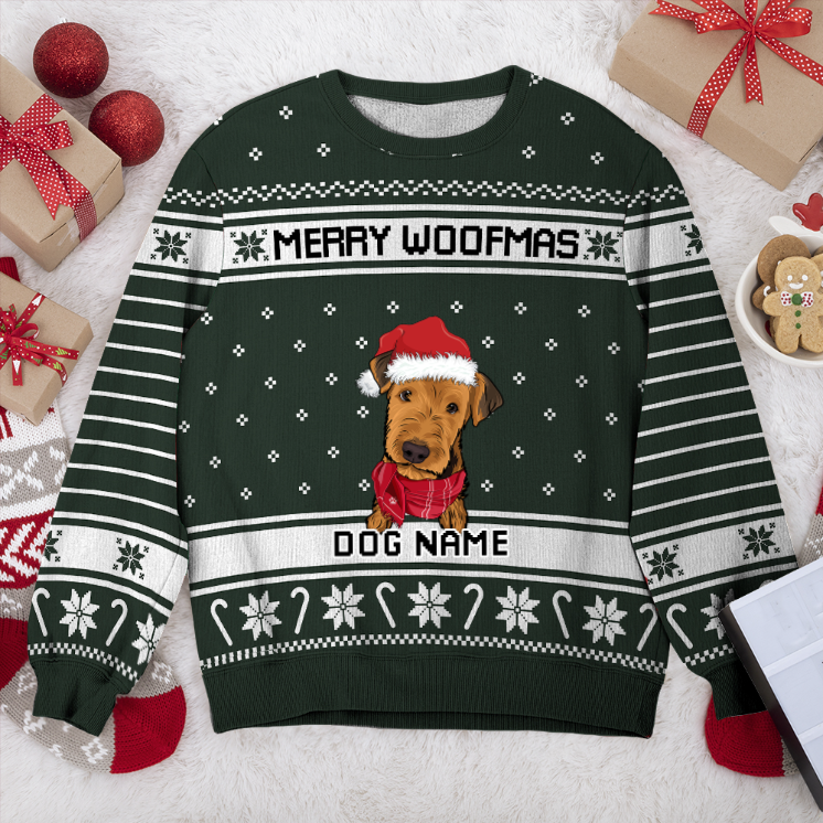 Airedale Terrier Merry Woofmas Personalized Sweater, Dog Ugly Christmas Sweater