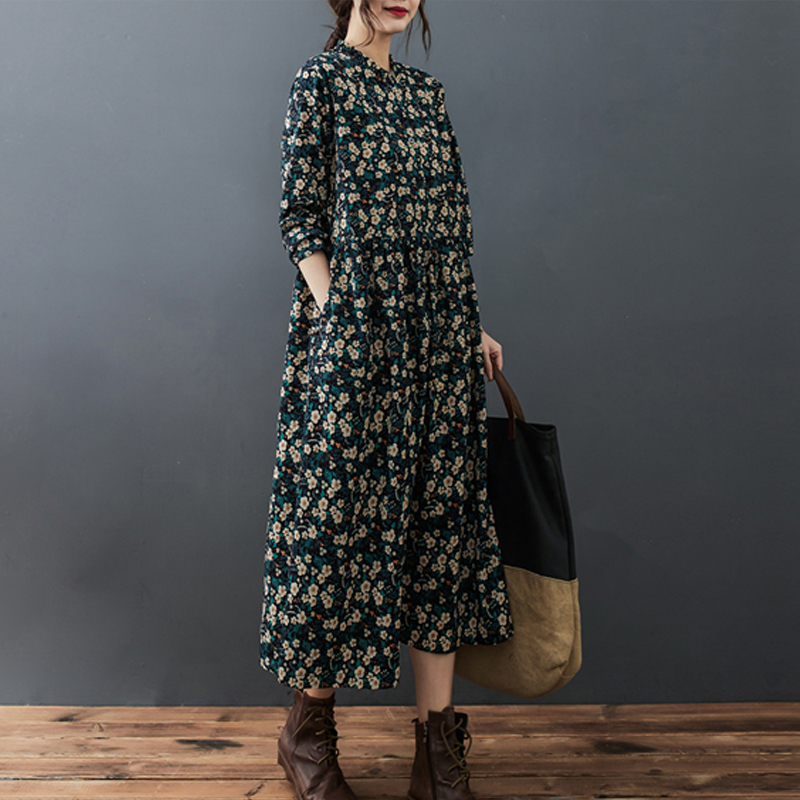 2022 New Autumn Winter Women Dress Vintage Floral Casual Loose Fashion Cotton Linen Long Sleeve Elegant Ladies Dresses Clothing alx