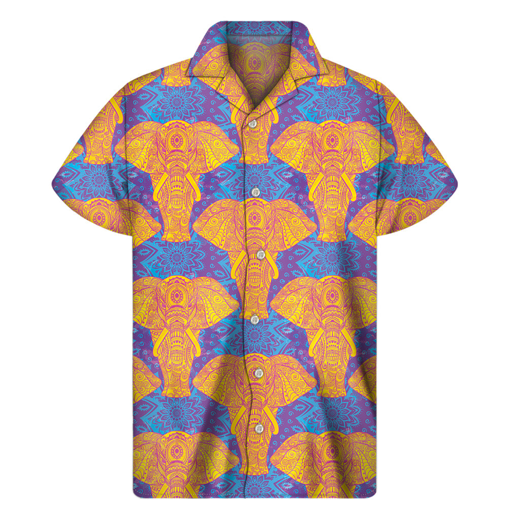 Yellow Mandala Elephant Pattern Print Men’S Short Sleeve Shirt