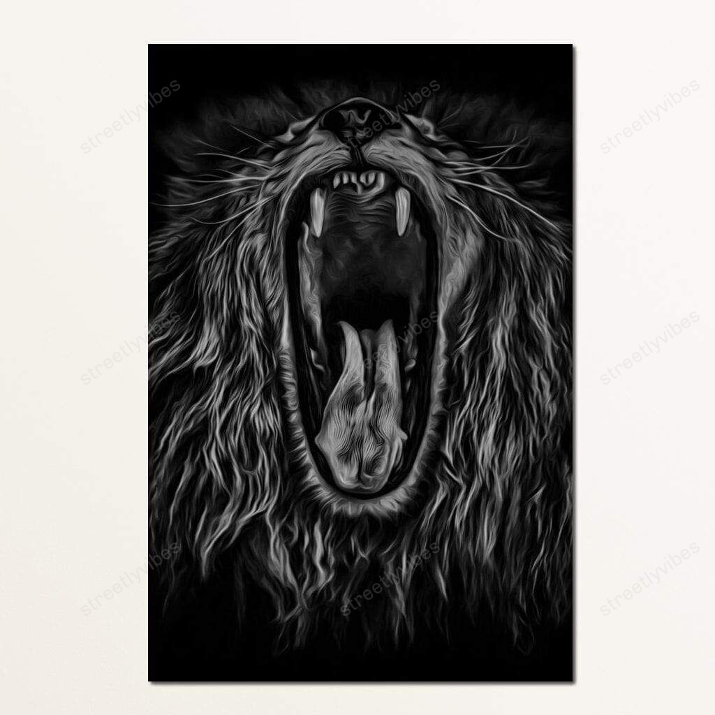 Black And White Roaring Lion Canvas