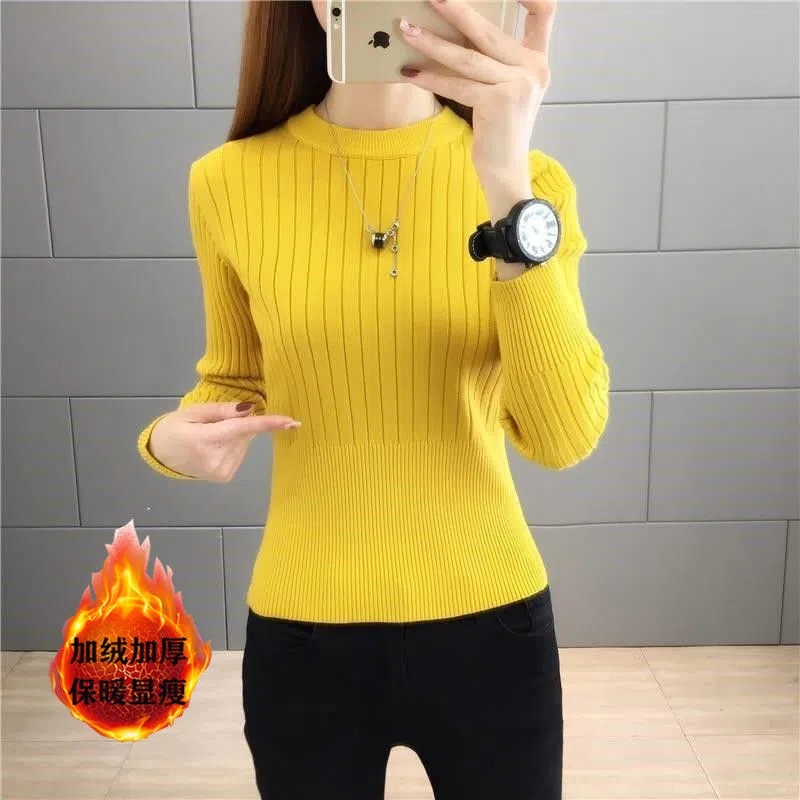 Women’s Thicken Velvet Short Sweaters Fall Winter Warm O-neck Knitted Cropped Tops Korean Casual Slim Thermal Bottomed Pullover alx